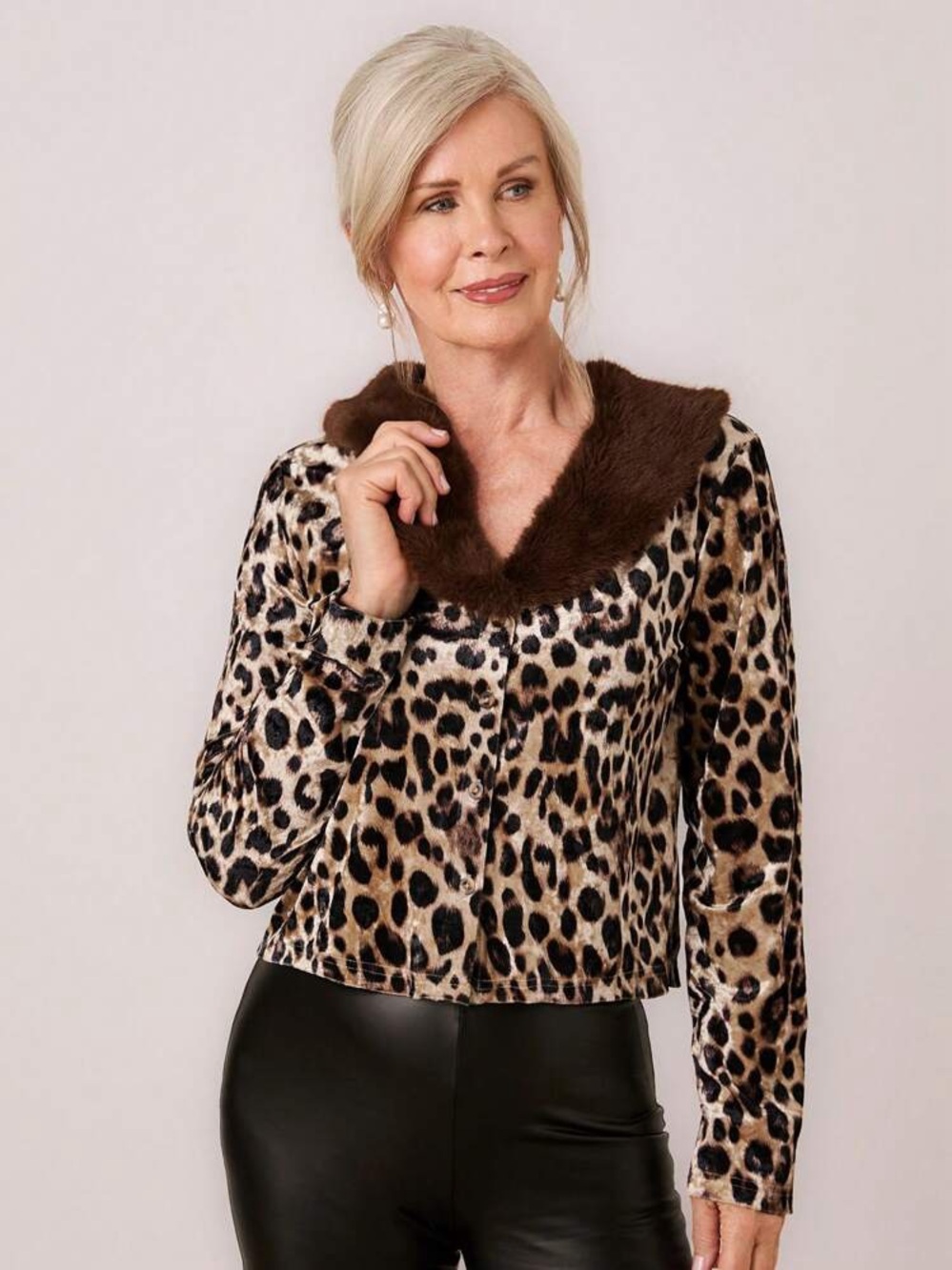 Vintage outlander Leopard Print Faux Fur Collar Jacket - Brown